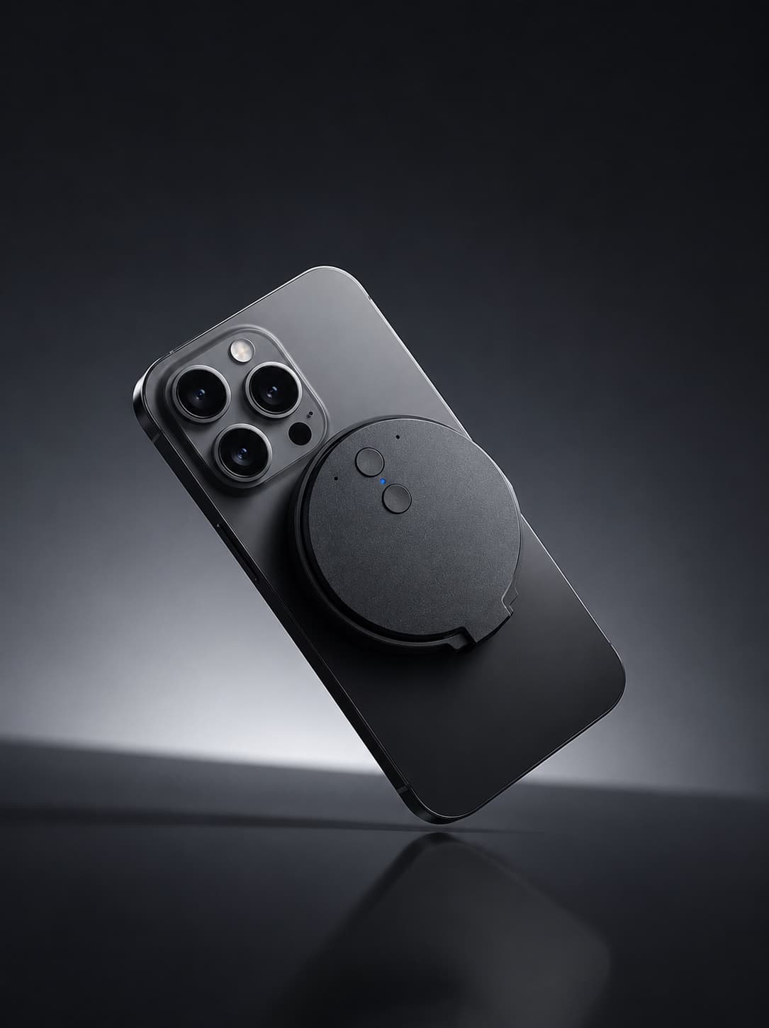 MagRec disc snapped onto the back of an iPhone, dramatic studio lighting on a dark backdrop